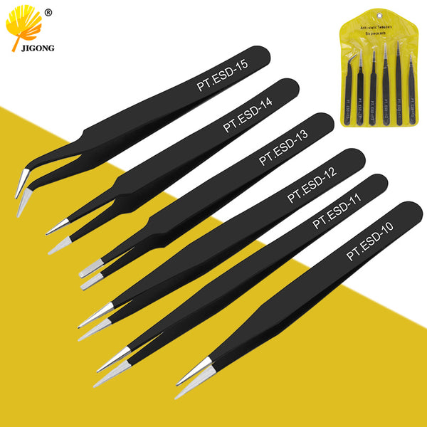6pcs Anti-static ESD Stainless Steel Tweezers Maintenance Tools Industrial Precision Curved Straight Tweezers Repair Tools