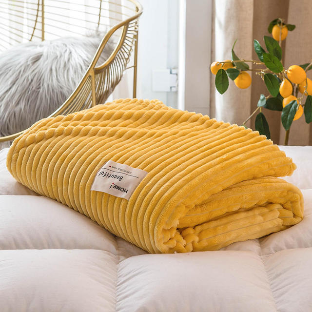 Bonenjoy Blankets for Beds Solid Yellow Color Soft Warm 300GSM Plaid Square Flannel Blanket On the Bed Thickness Throw Blanket