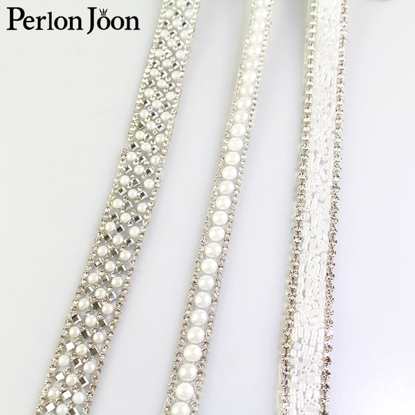 1 yard white pearl rhinestone hot fix tape ribbon glass crystal rhinestone decoration iron on shoes clothing accessories TR020