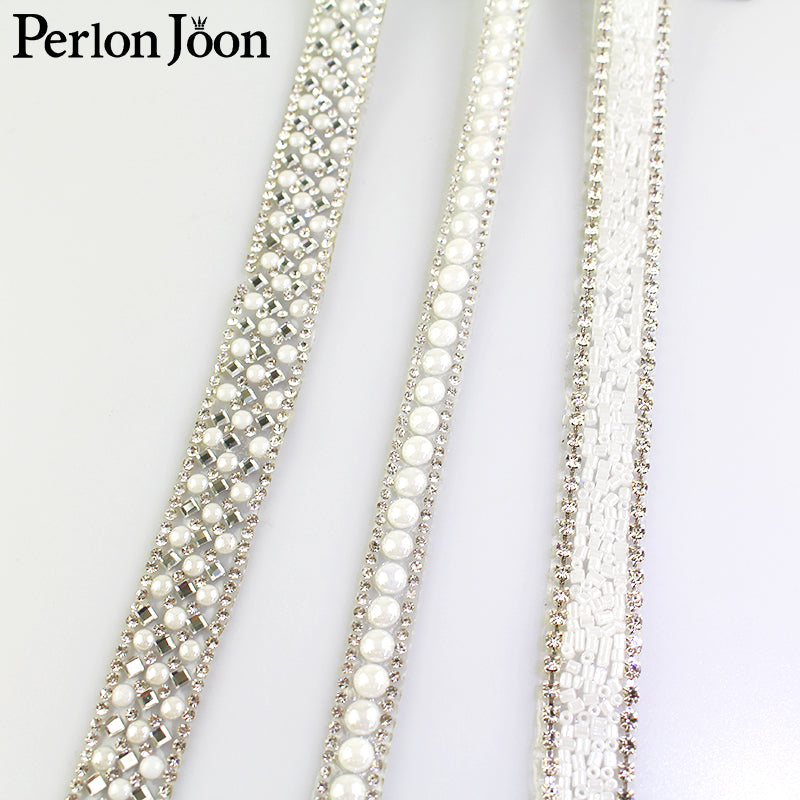 1 yard white pearl rhinestone hot fix tape ribbon glass crystal rhinestone decoration iron on shoes clothing accessories TR020