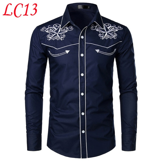Stylish Western Cowboy Shirt Men Brand Design Embroidery Slim Fit Casual Long Sleeve Shirts Mens Wedding Party Shirt for Male