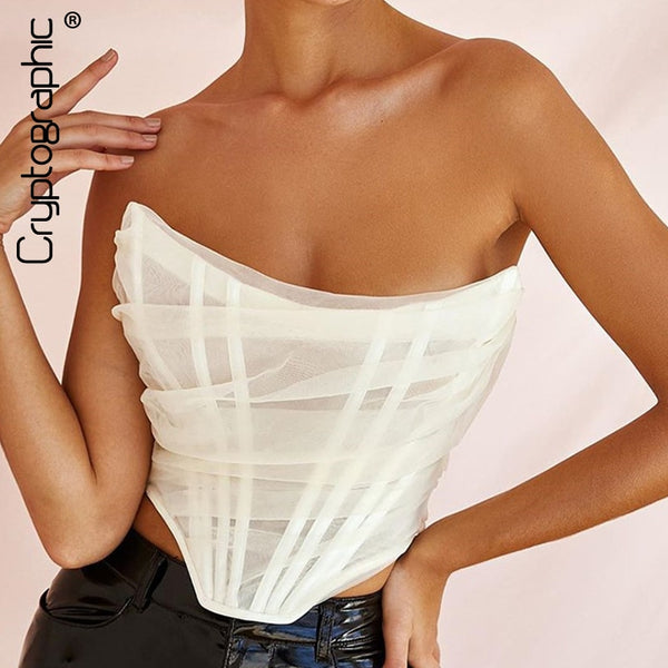 Cryptographic Sleeveless Fashion Strapless Bustier Corset Crop Tops Female Mesh Backless White Women Tops Zipper Summer 2021