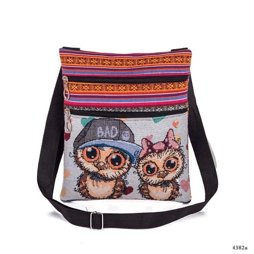 Miyahouse cute lady shoulder bag owl print messenger flap bag female mini canvas ladies bag double zipper ladies messenger bag