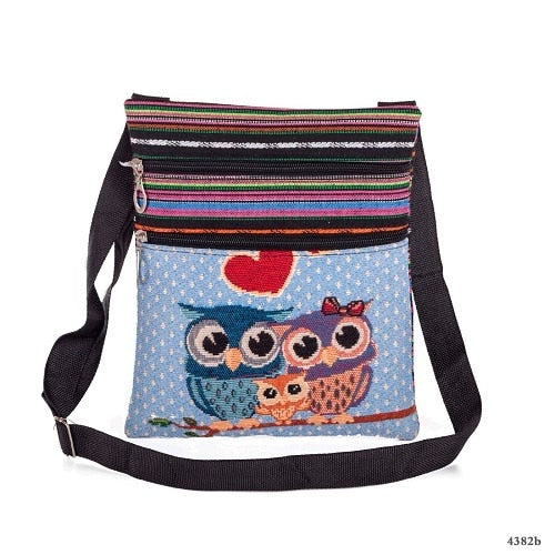 Miyahouse cute lady shoulder bag owl print messenger flap bag female mini canvas ladies bag double zipper ladies messenger bag
