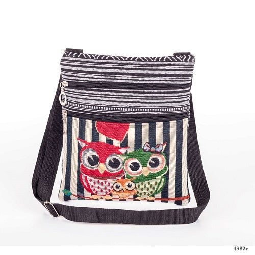 Miyahouse cute lady shoulder bag owl print messenger flap bag female mini canvas ladies bag double zipper ladies messenger bag