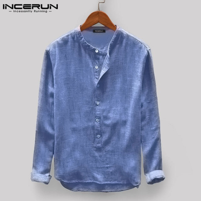 INCERUN Men Casual Shirt Stand Collar Long Sleeve Tops Pullover Leisure Button Japanese Men Basic Shirts Camisa Harajuku  2021