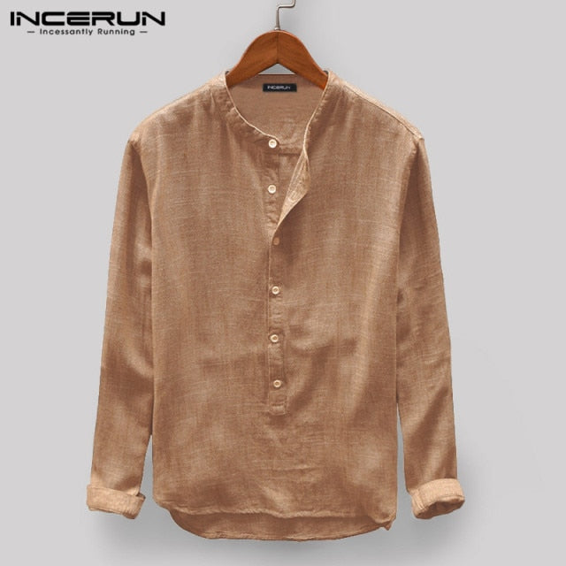 INCERUN Men Casual Shirt Stand Collar Long Sleeve Tops Pullover Leisure Button Japanese Men Basic Shirts Camisa Harajuku  2021