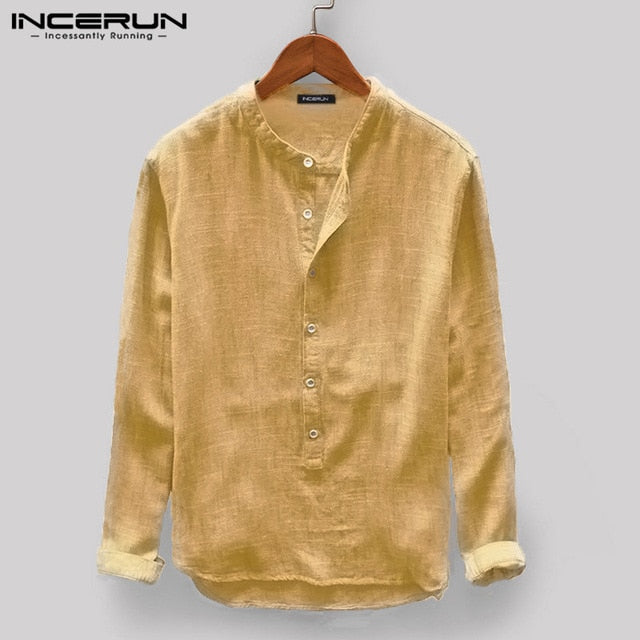 INCERUN Men Casual Shirt Stand Collar Long Sleeve Tops Pullover Leisure Button Japanese Men Basic Shirts Camisa Harajuku  2021