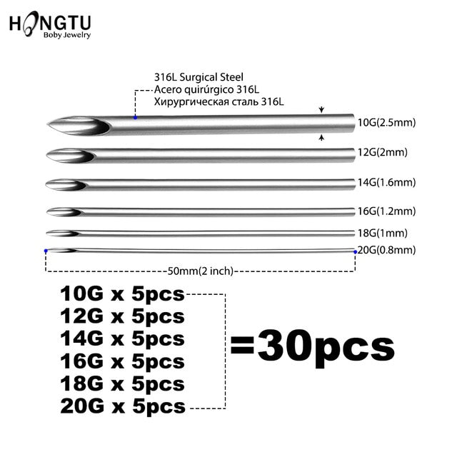 5/30pcs Sterilized Disposable Body Piercing Needles Surgical Steel Tattoo Supply Ear Nose Tongue Lip Navel Piercing Tools 10-20G