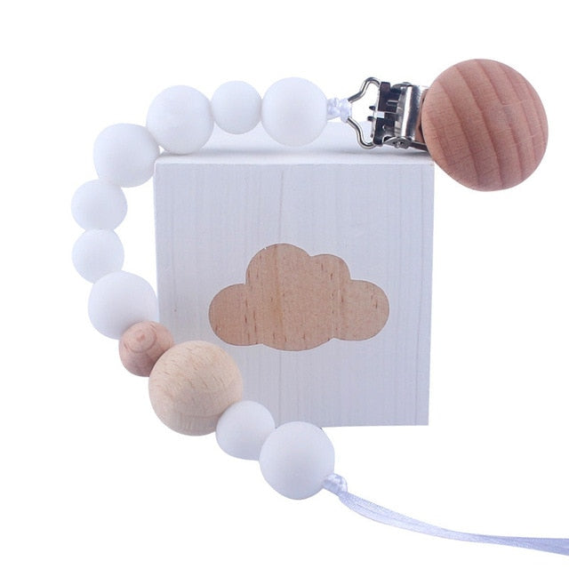 Baby Wood Beaded Pacifier Clip Silicone Chain Nipple Holder Infant Soother Teether