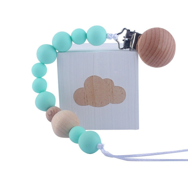 Baby Wood Beaded Pacifier Clip Silicone Chain Nipple Holder Infant Soother Teether