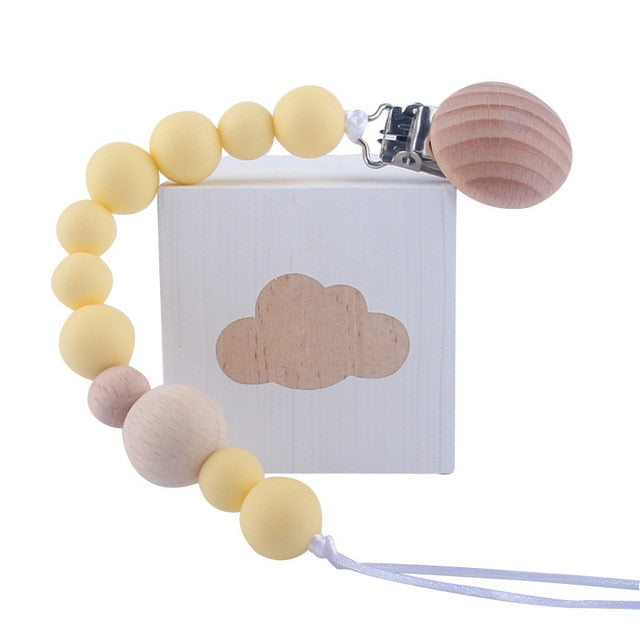 Baby Wood Beaded Pacifier Clip Silicone Chain Nipple Holder Infant Soother Teether