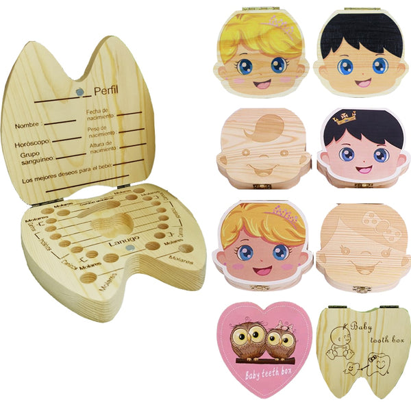 English/Spanish Wooden Baby Tooth Box Organizer Milk Teeth Storage Umbilical Lanugo Save Collect Baby Souvenirs Gifts