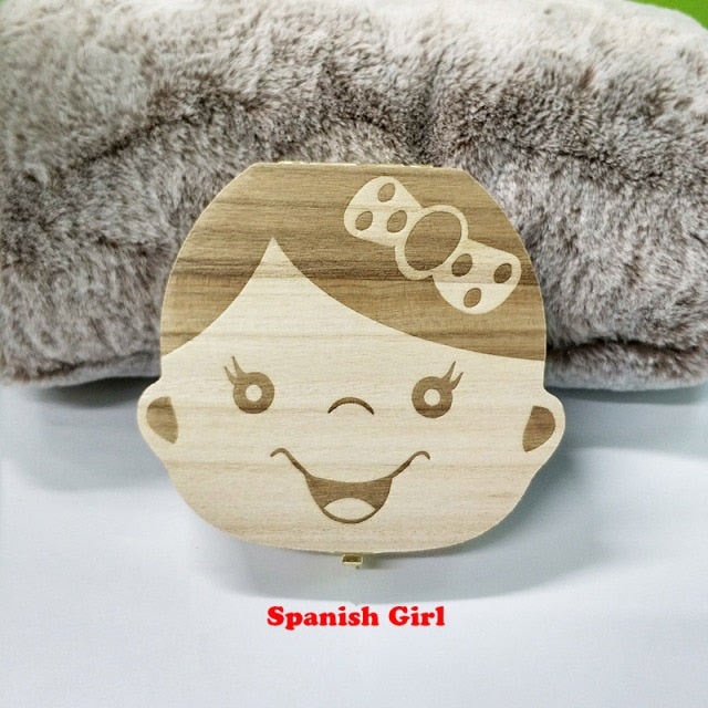 English/Spanish Wooden Baby Tooth Box Organizer Milk Teeth Storage Umbilical Lanugo Save Collect Baby Souvenirs Gifts