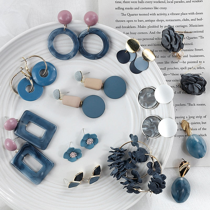 AENSOA Korean Blue Geometric Acrylic Resin Earrings Simple Round Square Circle Drop Dangle Earrings for Women Girl Party Jewelry