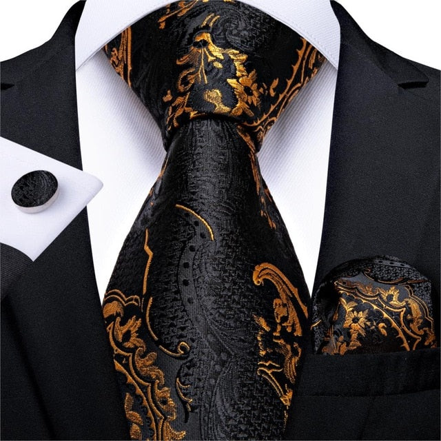 Men Gold Black Striped / Paisley Silk Tie