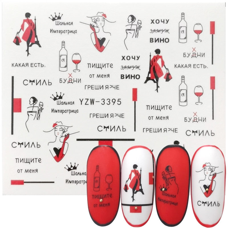 1 Sheet Russian text Nail Watermark Decals Sexy lips Middle finger Sexy girl Water Transfer Slider Russia Words Manicure Tattoos