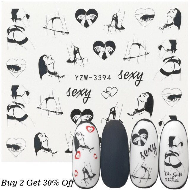 1 Sheet Russian text Nail Watermark Decals Sexy lips Middle finger Sexy girl Water Transfer Slider Russia Words Manicure Tattoos