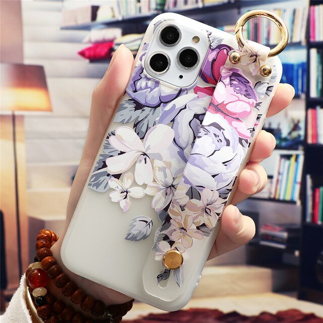 Floral Wrist Strap Case For iphone XR X 11 Pro XS Max 5  8 7 6 6S Plus SE 2 2020