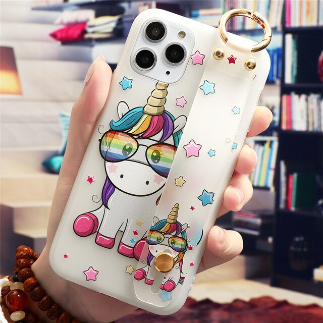 Cute Cartoon Design  Wrist Strap Frosted Case For iPhone SE 2020 11 Pro 7 8 6 Plus X XS MAX XR SE 2020