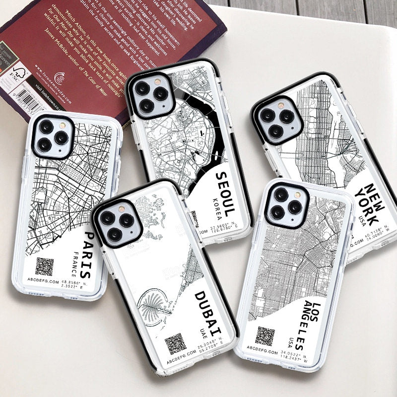 Sketch City Map Shockproof Phone Case For iPhone 8 7 6 S 6s Plus X XR XS 11 Pro Max SE