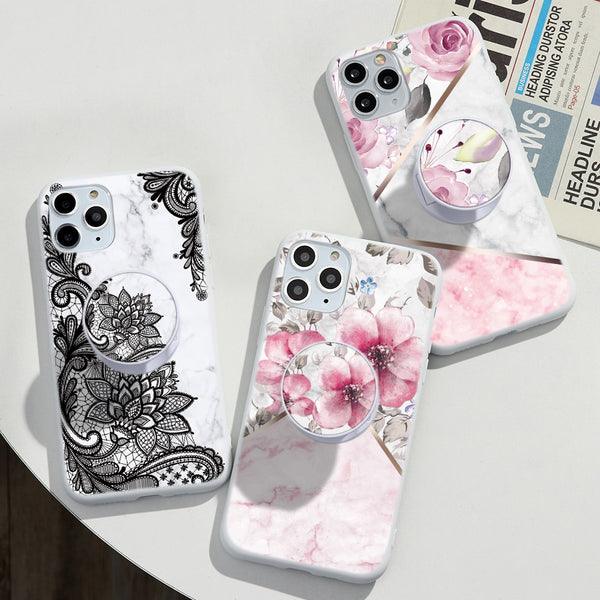 Marble Floral Design Stand Holder Phone Case For iPhone 7 8 6 6S Plus 5  11 Pro XS Max XR X SE