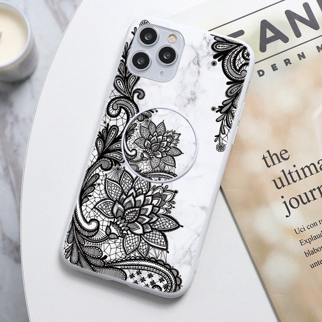 Marble Floral Design Stand Holder Phone Case For iPhone 7 8 6 6S Plus 5  11 Pro XS Max XR X SE