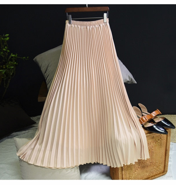 Womens Vintage Pleated Midi Long Skirt Female Korean Casual High Waist Chiffon Skirts Jupe Faldas 18 Colors 2019 Autumn SK397