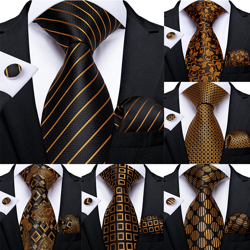 Men Luxury Gold  Silk Tie And Cufflinks Gift Set