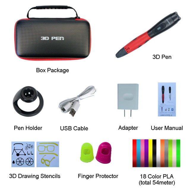SMAFFOX 3D Pen With 18 Colors 54 Meter PLA Filament Printing Pen Support  ABS and PLA Kids Diy Drawing Pen With LCD Display