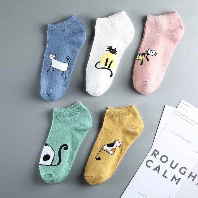 5pairs/lot Women Socks Print Harajuku Street Style Cotton Short Socks Female Casual Funny Ankle Yellow Socks Sox Summer 2019