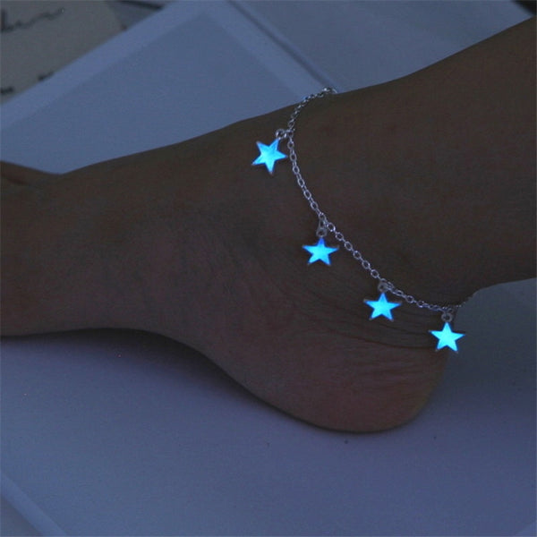 European and American beach wind blue pentagonal star tassel ankle chain luminous star bracelet ankle bracelet ornament