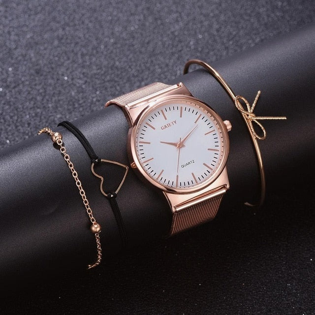 4PCS Women Watches Luxury Wrist watch relogio feminino Clock for Women Milanese Steel Lady Rose Gold Quartz Ladies Watch New