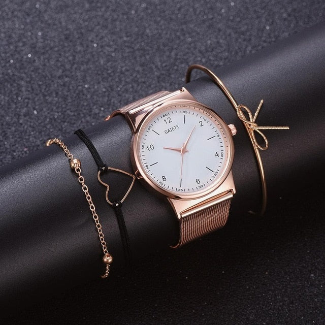 4PCS Women Watches Luxury Wrist watch relogio feminino Clock for Women Milanese Steel Lady Rose Gold Quartz Ladies Watch New