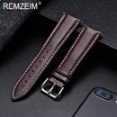 REMZEIM Calfskin Leather Watchband Soft Material Watch Band Wrist Strap 18mm 20mm 22mm 24mm With Silver Stainless Steel Buckle