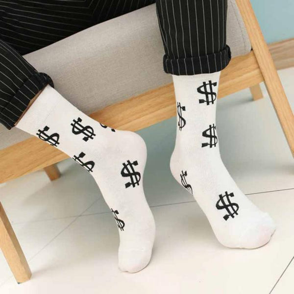 New Hot Fashion Spring Autumn Men Socks Dollar Symbol Printed Comfortable Breathable Absorb Sweat Anti-slip Man Middle Long Sock