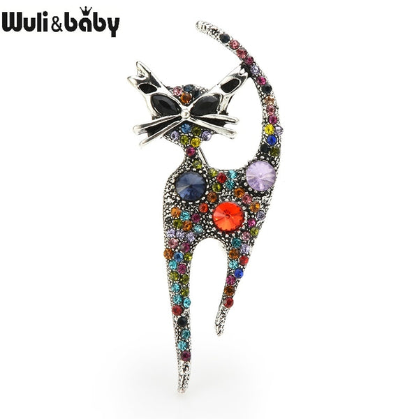 Wuli&baby Vintage Rhinstone Cat Brooches For Women Metal Multi-color Cat Animl Casual Party Brooch Pins Gifts