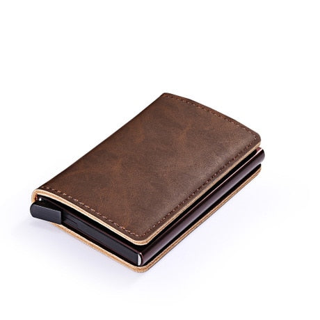 RFID Business Credit Card Holder Men Multifunction Automatic Aluminium Alloy Leather Cards Case Mini Wallet Slim Coin Purse