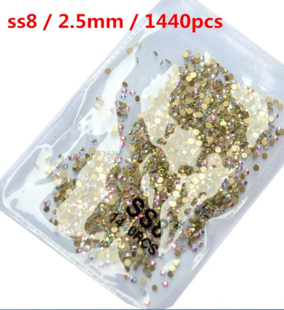 SS3-ss8 1440pcs Clear Crystal AB gold  3D Non HotFix FlatBack Nail Art Rhinestones Decorations Shoes And Dancing Decoration