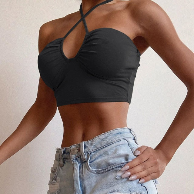 LVINMW Sexy Solid Lace Up Bow Halter Ruched Crop Top Fashion Sleeveless Backless Tube Tops Female Streetwear Tops 2019 New Women