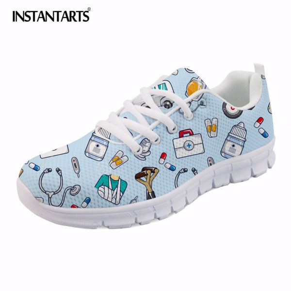 INSTANTARTS Spring Nurse Flat Shoes Women Cute Cartoon Nurses Printed Women's Sneakers Shoes Breath Mesh Flats Zapatos de Mujer