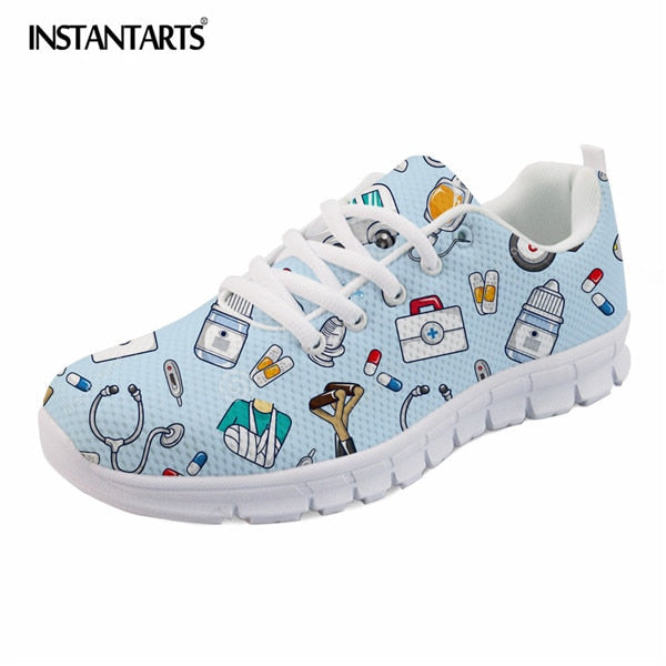 INSTANTARTS Spring Nurse Flat Shoes Women Cute Cartoon Nurses Printed Women's Sneakers Shoes Breath Mesh Flats Zapatos de Mujer