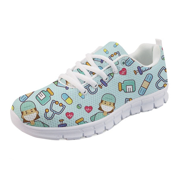 INSTANTARTS Spring Nurse Flat Shoes Women Cute Cartoon Nurses Printed Women's Sneakers Shoes Breath Mesh Flats Zapatos de Mujer