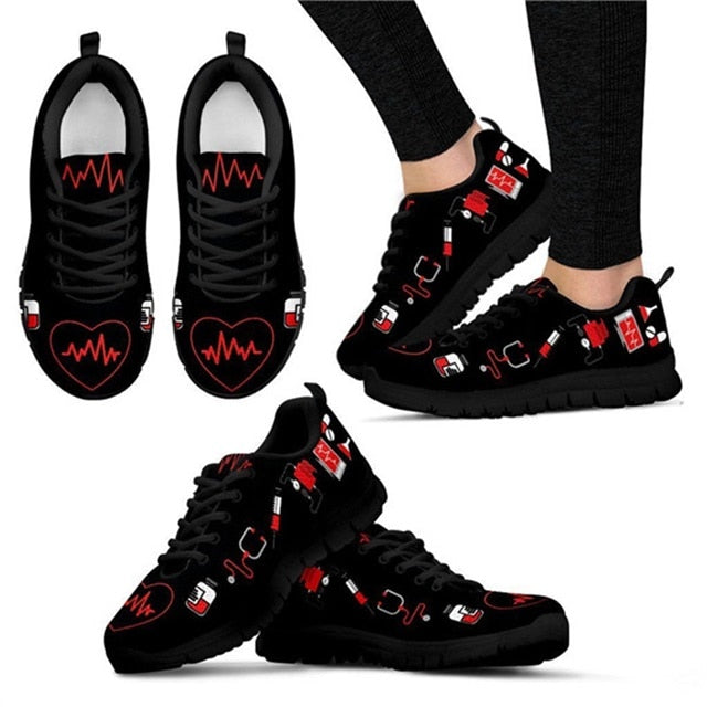 INSTANTARTS Spring Nurse Flat Shoes Women Cute Cartoon Nurses Printed Women's Sneakers Shoes Breath Mesh Flats Zapatos de Mujer
