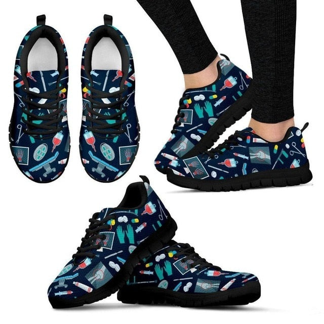 INSTANTARTS Spring Nurse Flat Shoes Women Cute Cartoon Nurses Printed Women's Sneakers Shoes Breath Mesh Flats Zapatos de Mujer