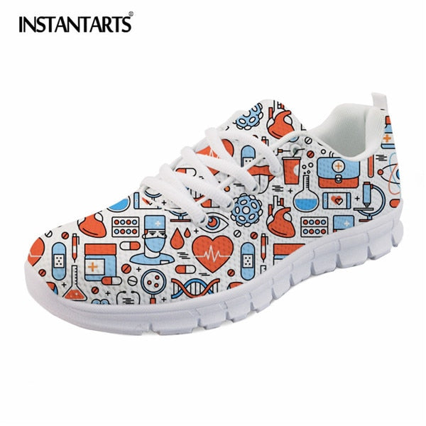 INSTANTARTS Spring Nurse Flat Shoes Women Cute Cartoon Nurses Printed Women's Sneakers Shoes Breath Mesh Flats Zapatos de Mujer