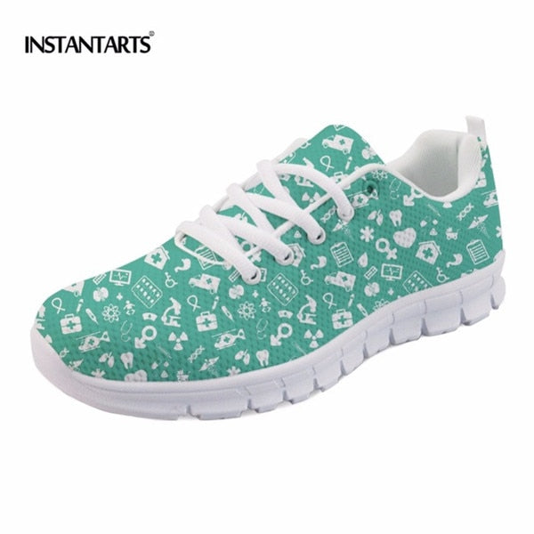 INSTANTARTS Spring Nurse Flat Shoes Women Cute Cartoon Nurses Printed Women's Sneakers Shoes Breath Mesh Flats Zapatos de Mujer