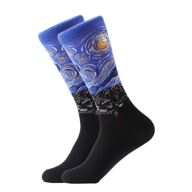 LETSBUY 1pair Combed Cotton Colorful Van Gogh Retro Oil Painting Men Socks cool casual Dress Funny party dress crew Socks