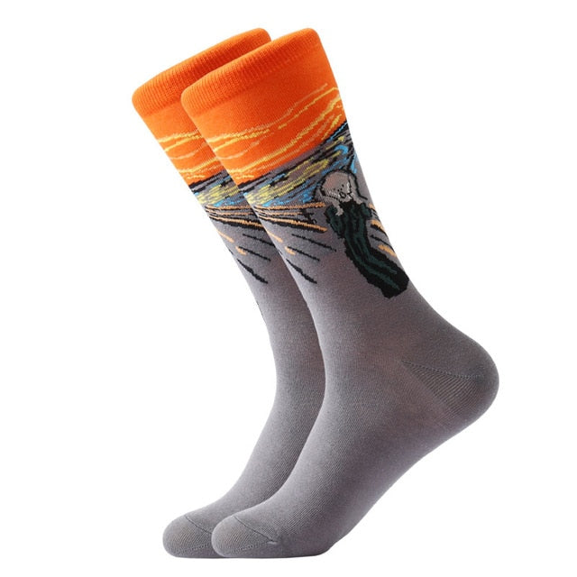LETSBUY 1pair Combed Cotton Colorful Van Gogh Retro Oil Painting Men Socks cool casual Dress Funny party dress crew Socks