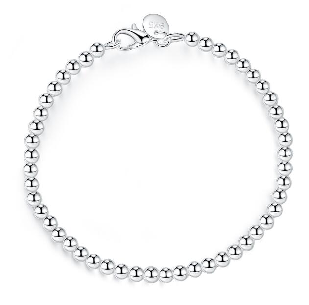 100% 925 Solid Real Sterling Silver Fashion 4mm Beads Chain Bracelet for Women 20cm For Teen Girls Lady Gift Women Fine Jewelry